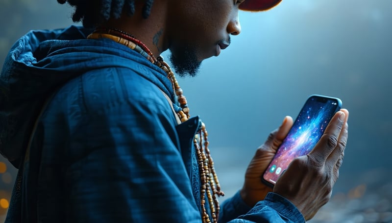 A person praying with a smartphone, symbolizing digital spiritual connection.