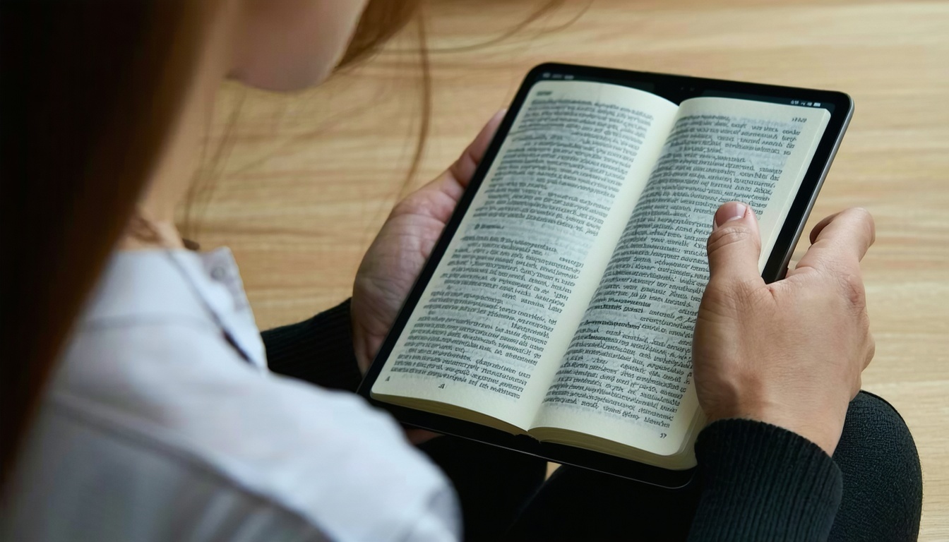 A person praying with a digital journal open on a tablet.